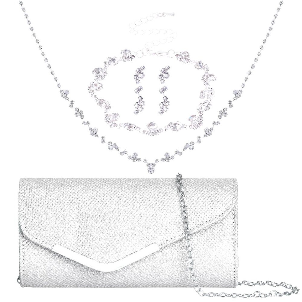 Silver Rhinestone Jewelry Set with Clutch Purse for Evening Party Wedding - Picture 1 of 7